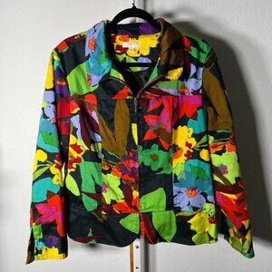 Erin Bright Colors Abstract Floral Print Cotton Blend Zip-Up Jacket SZ Lrg